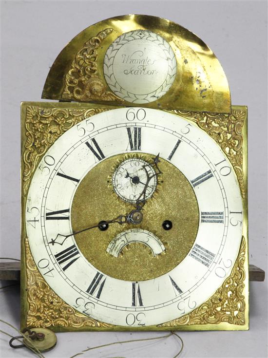 A late 18th century eight day longcase clock movement by Wrangles, Scarborough, overall height 16.5in.